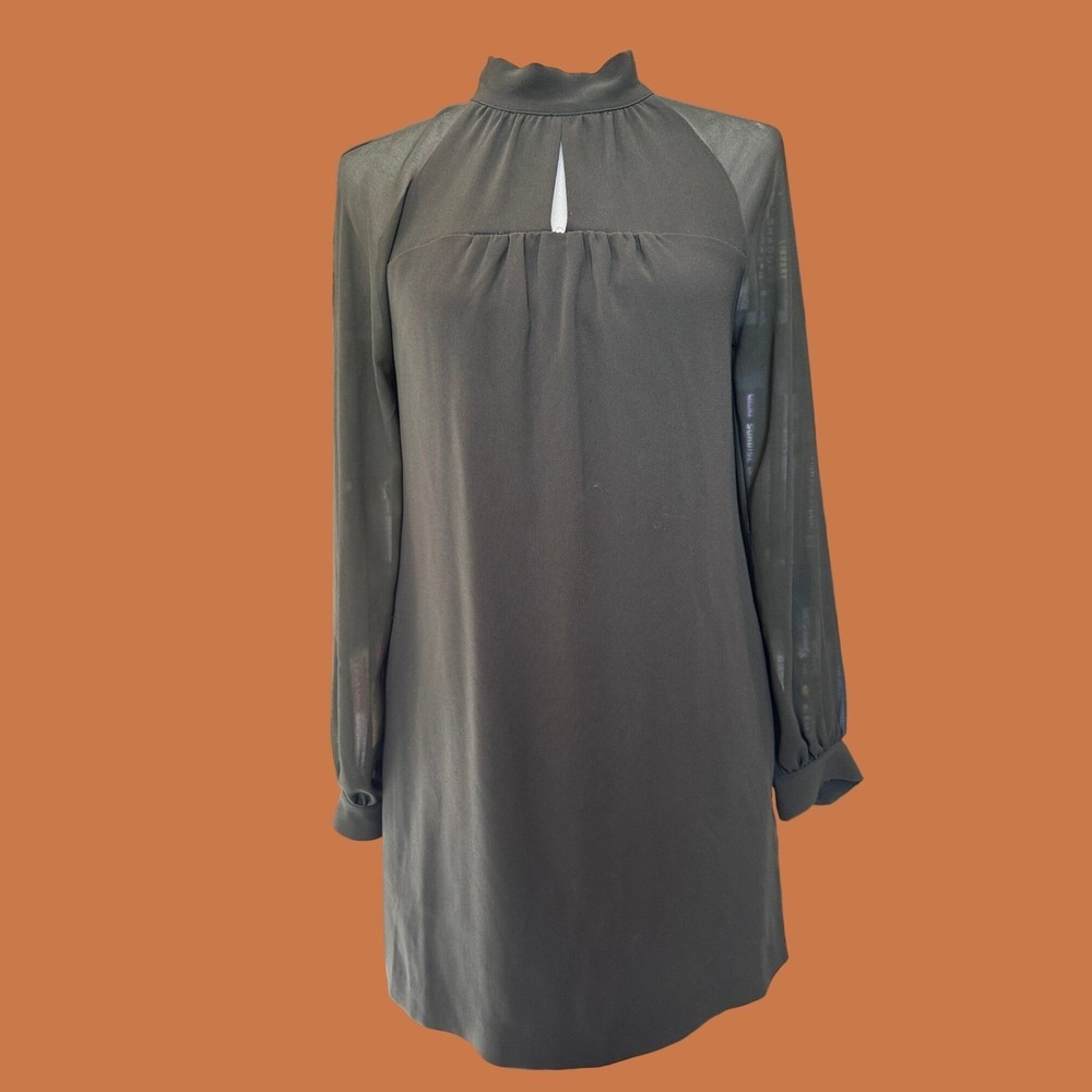 Reiss Leah Mini Dress Womens 0 Green Good Mock Neck Sheer Sleeve Shift K1020